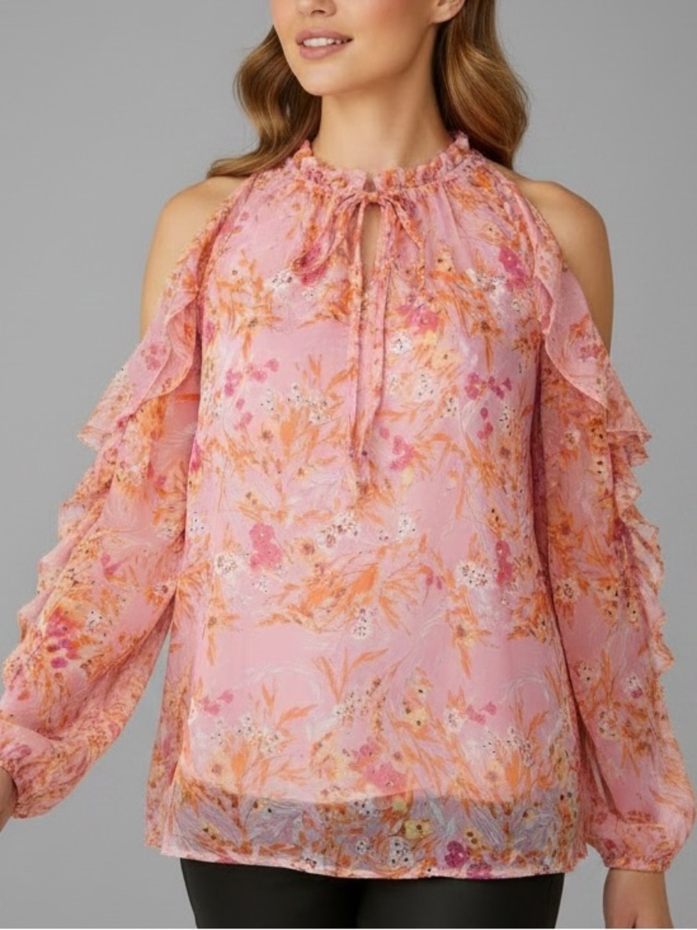 NWT 1. STATE Pink Floral Cold-Shoulder Ruffled Halter Blouse Size Small